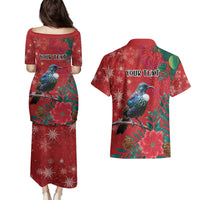 Tui Meri Kirihimete Personalised Couples Matching Puletasi and Hawaiian Shirt Pohutukawa Flowers Red Motif - Polynesian Pride