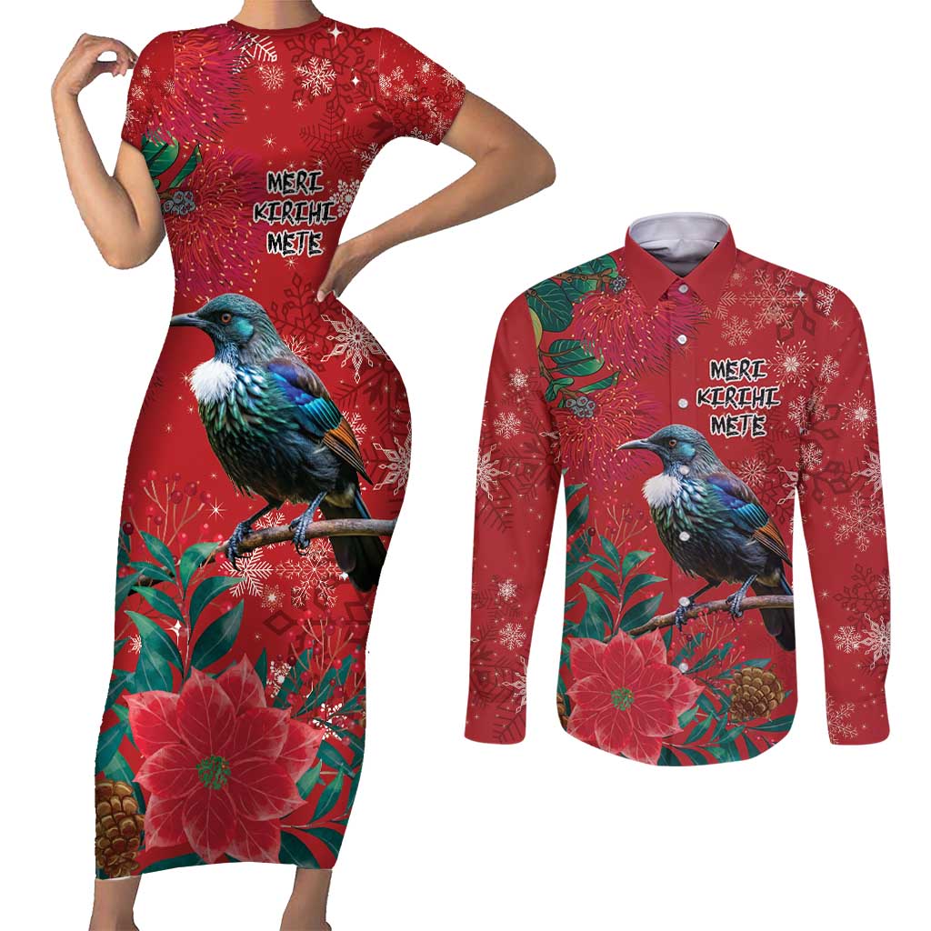 Tui Meri Kirihimete Personalised Couples Matching Short Sleeve Bodycon Dress and Long Sleeve Button Shirt Pohutukawa Flowers Red Motif - Polynesian Pride