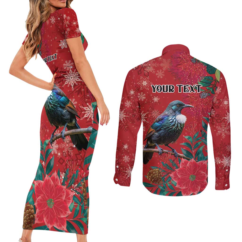 Tui Meri Kirihimete Personalised Couples Matching Short Sleeve Bodycon Dress and Long Sleeve Button Shirt Pohutukawa Flowers Red Motif - Polynesian Pride