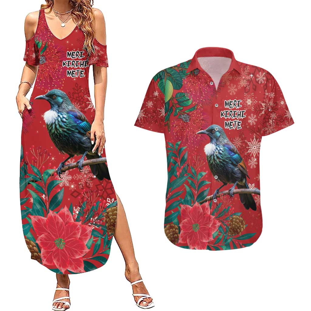 Tui Meri Kirihimete Personalised Couples Matching Summer Maxi Dress and Hawaiian Shirt Pohutukawa Flowers Red Motif - Polynesian Pride