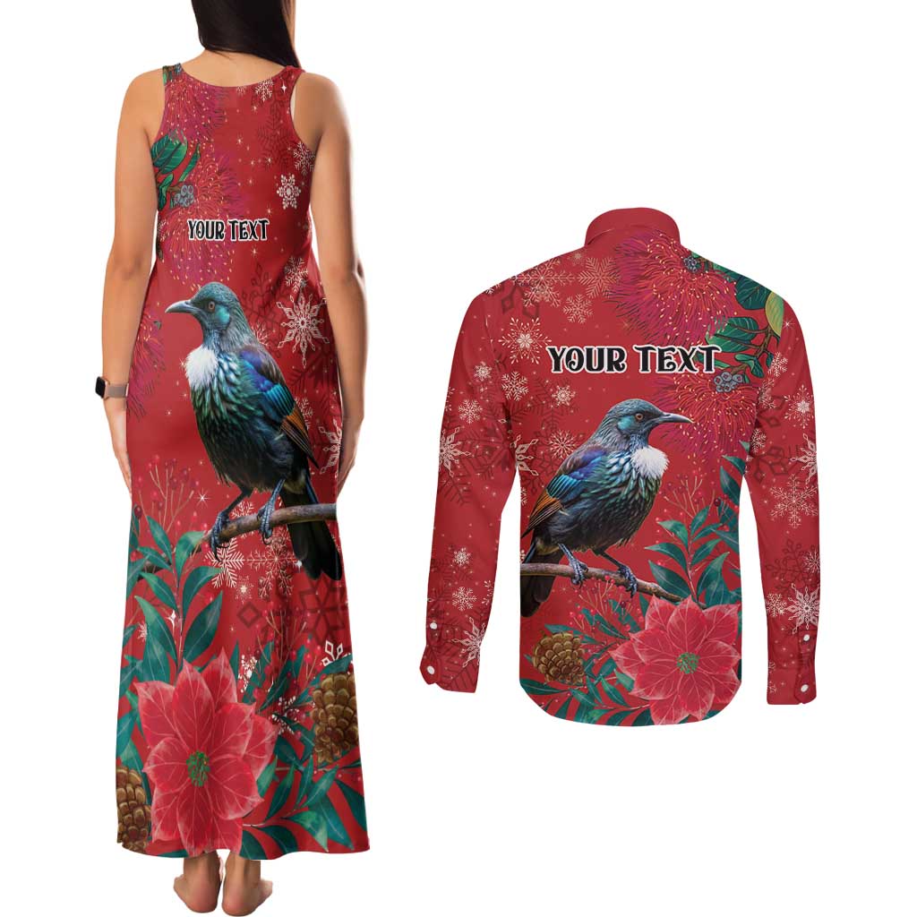 Tui Meri Kirihimete Personalised Couples Matching Tank Maxi Dress and Long Sleeve Button Shirt Pohutukawa Flowers Red Motif - Polynesian Pride