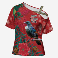 Tui Meri Kirihimete Personalised Cross Shoulder Shirt Pohutukawa Flowers Red Motif - Polynesian Pride