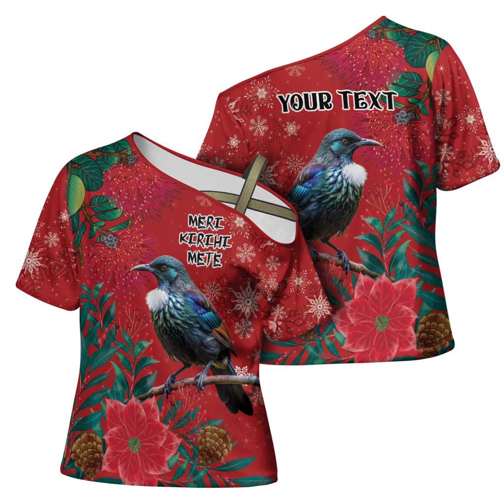Tui Meri Kirihimete Personalised Cross Shoulder Shirt Pohutukawa Flowers Red Motif - Polynesian Pride