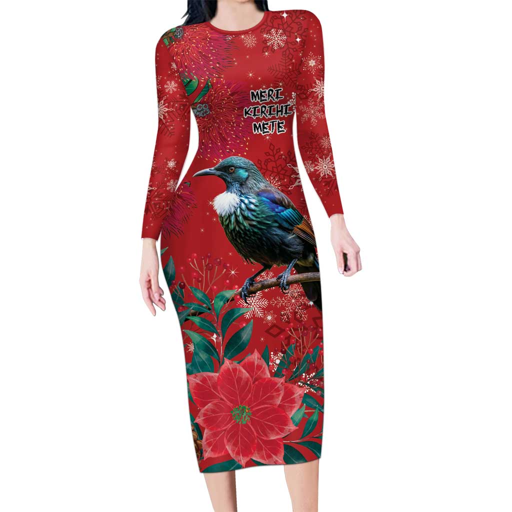 Tui Meri Kirihimete Personalised Family Matching Long Sleeve Bodycon Dress and Hawaiian Shirt Pohutukawa Flowers Red Motif - Polynesian Pride