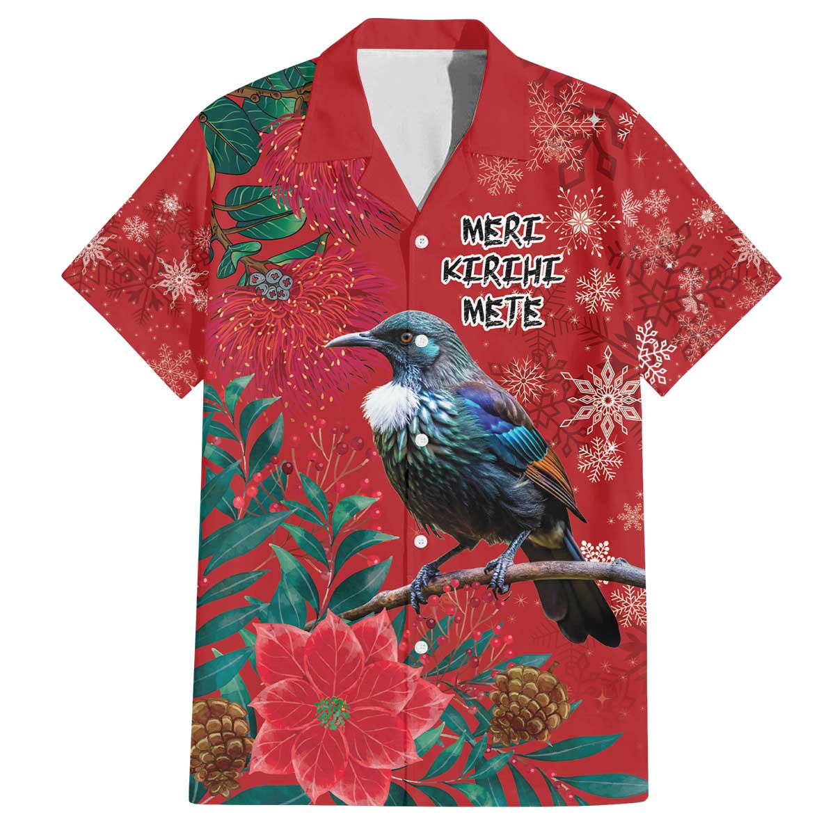 Tui Meri Kirihimete Personalised Family Matching Off The Shoulder Long Sleeve Dress and Hawaiian Shirt Pohutukawa Flowers Red Motif - Polynesian Pride