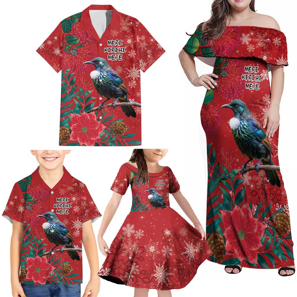 Tui Meri Kirihimete Personalised Family Matching Off Shoulder Maxi Dress and Hawaiian Shirt Pohutukawa Flowers Red Motif - Polynesian Pride