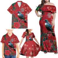 Tui Meri Kirihimete Personalised Family Matching Off Shoulder Maxi Dress and Hawaiian Shirt Pohutukawa Flowers Red Motif - Polynesian Pride