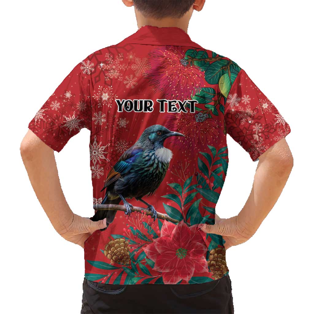 Tui Meri Kirihimete Personalised Family Matching Off Shoulder Short Dress and Hawaiian Shirt Pohutukawa Flowers Red Motif - Polynesian Pride