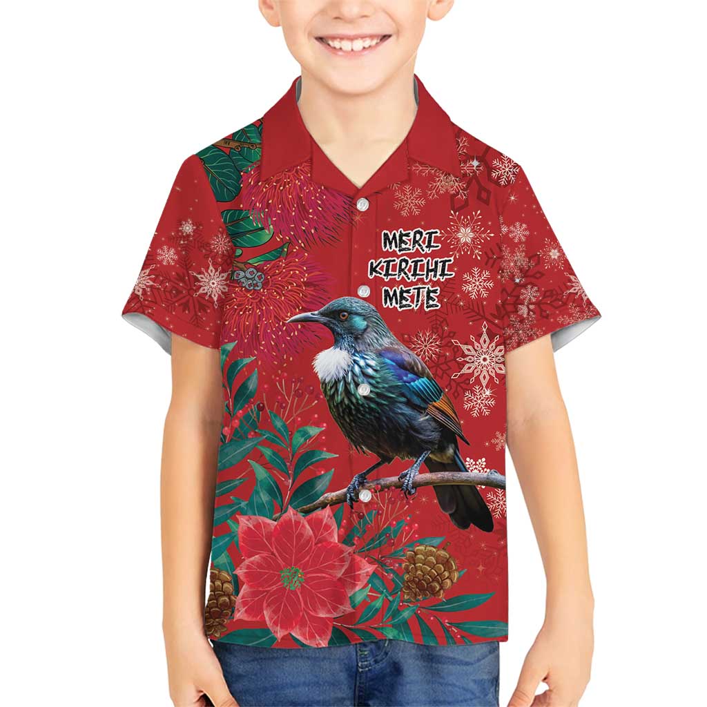Tui Meri Kirihimete Personalised Family Matching Off Shoulder Short Dress and Hawaiian Shirt Pohutukawa Flowers Red Motif - Polynesian Pride