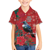 Tui Meri Kirihimete Personalised Family Matching Off Shoulder Short Dress and Hawaiian Shirt Pohutukawa Flowers Red Motif - Polynesian Pride