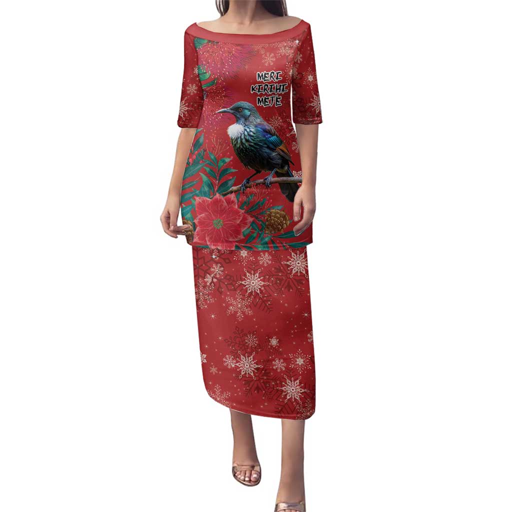 Tui Meri Kirihimete Personalised Family Matching Puletasi and Hawaiian Shirt Pohutukawa Flowers Red Motif - Polynesian Pride