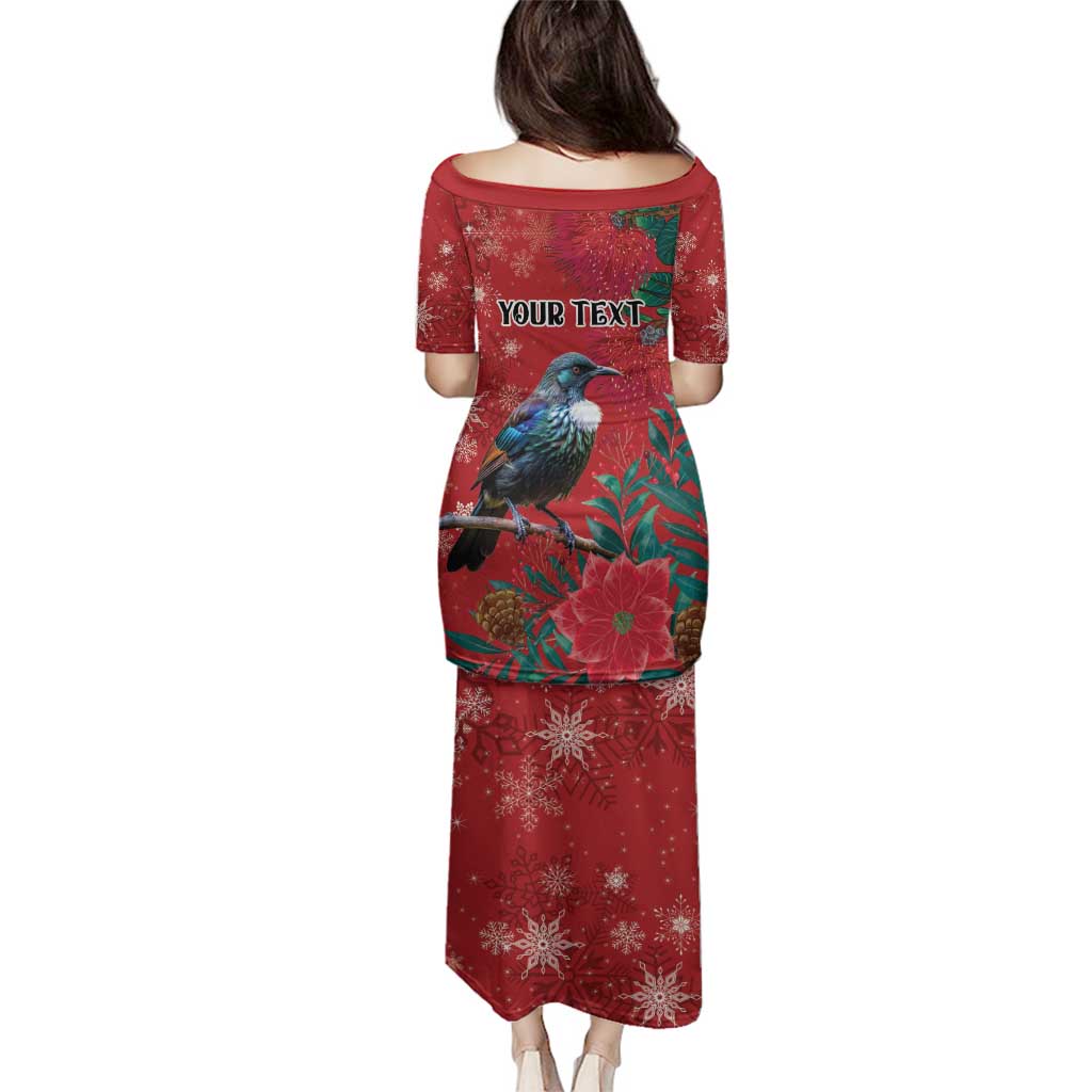 Tui Meri Kirihimete Personalised Family Matching Puletasi and Hawaiian Shirt Pohutukawa Flowers Red Motif - Polynesian Pride
