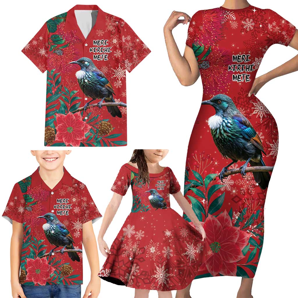 Tui Meri Kirihimete Personalised Family Matching Short Sleeve Bodycon Dress and Hawaiian Shirt Pohutukawa Flowers Red Motif - Polynesian Pride
