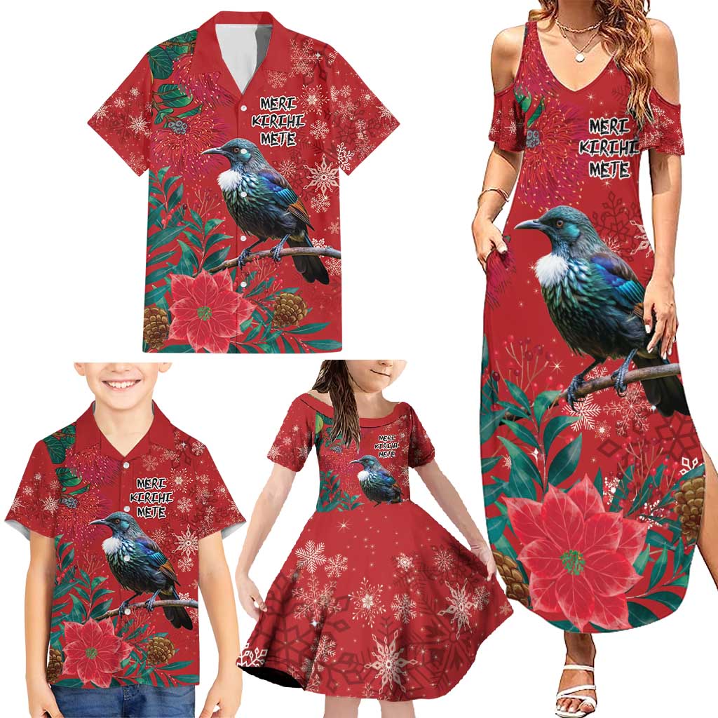 Tui Meri Kirihimete Personalised Family Matching Summer Maxi Dress and Hawaiian Shirt Pohutukawa Flowers Red Motif - Polynesian Pride