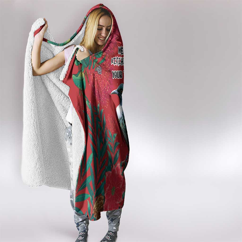 Tui Meri Kirihimete Personalised Hooded Blanket Pohutukawa Flowers Red Motif - Polynesian Pride