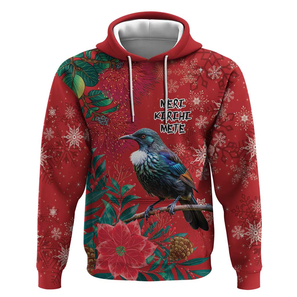 Tui Meri Kirihimete Personalised Hoodie Pohutukawa Flowers Red Motif - Polynesian Pride