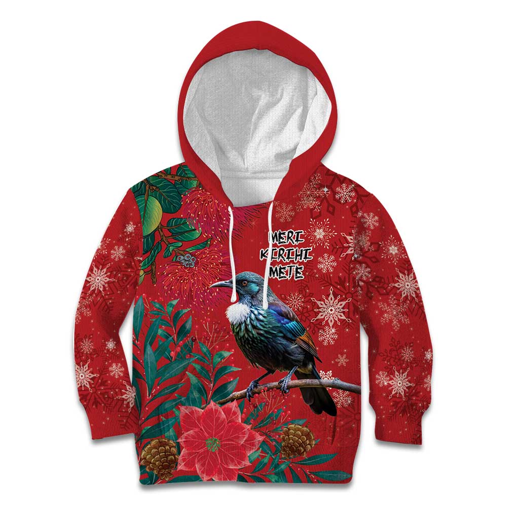 Tui Meri Kirihimete Personalised Kid Hoodie Pohutukawa Flowers Red Motif - Polynesian Pride