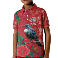 Tui Meri Kirihimete Personalised Kid Polo Shirt Pohutukawa Flowers Red Motif - Polynesian Pride