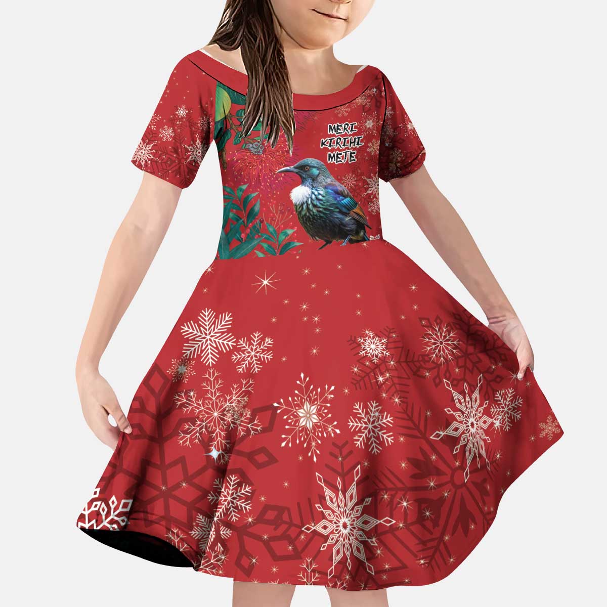 Tui Meri Kirihimete Personalised Kid Short Sleeve Dress Pohutukawa Flowers Red Motif - Polynesian Pride
