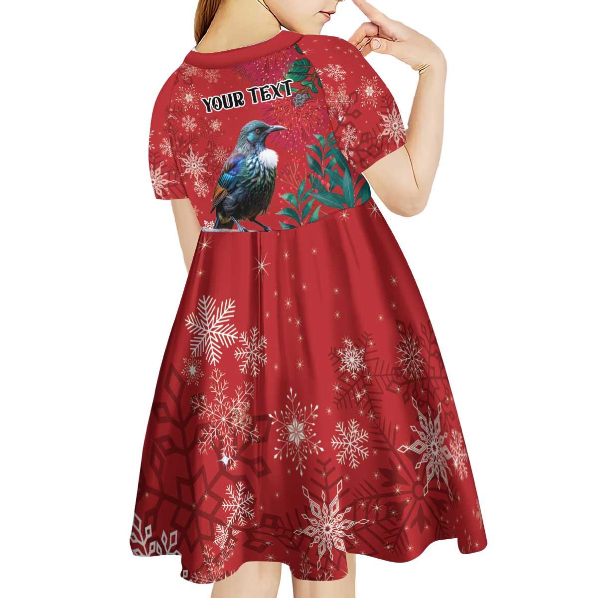 Tui Meri Kirihimete Personalised Kid Short Sleeve Dress Pohutukawa Flowers Red Motif - Polynesian Pride