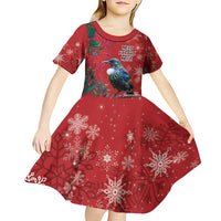 Tui Meri Kirihimete Personalised Kid Short Sleeve Dress Pohutukawa Flowers Red Motif - Polynesian Pride