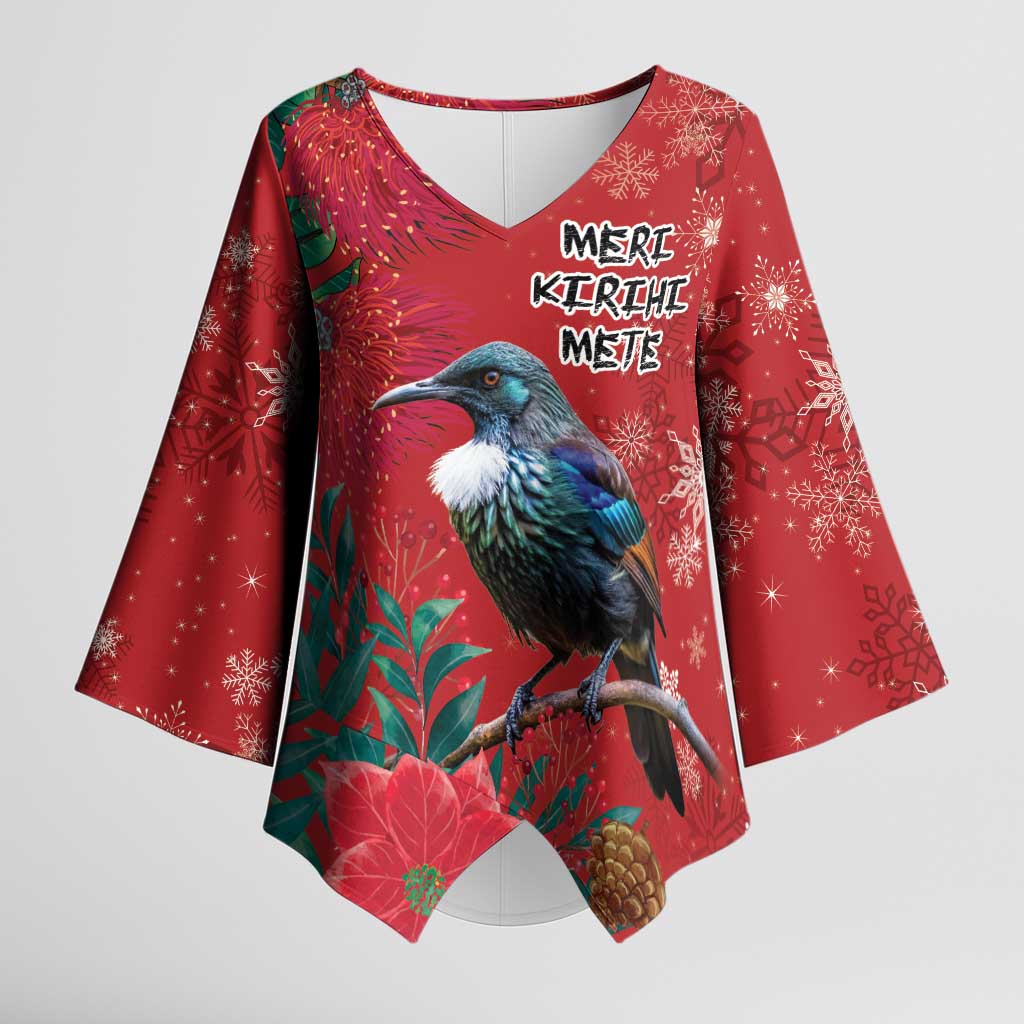Tui Meri Kirihimete Personalised Kimono Sleeve Blouse Pohutukawa Flowers Red Motif - Polynesian Pride