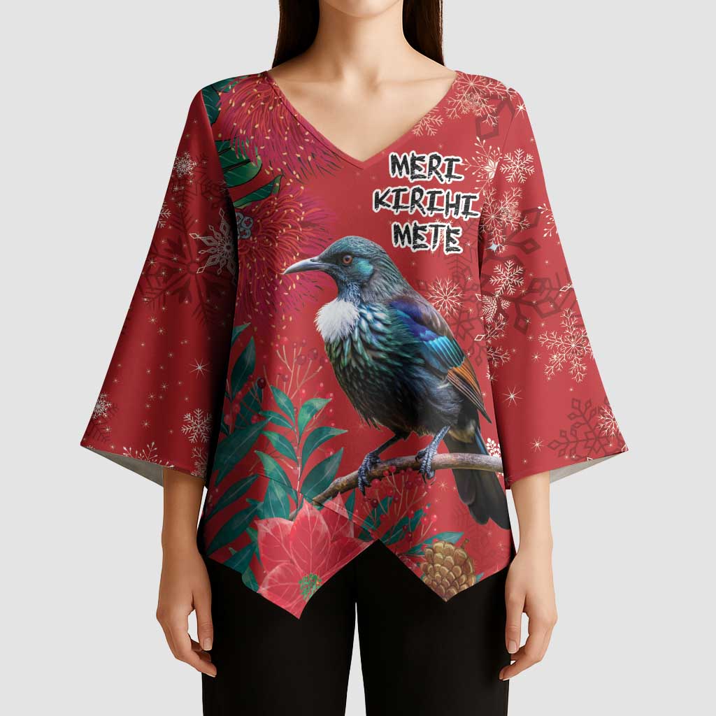 Tui Meri Kirihimete Personalised Kimono Sleeve Blouse Pohutukawa Flowers Red Motif - Polynesian Pride