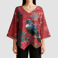 Tui Meri Kirihimete Personalised Kimono Sleeve Blouse Pohutukawa Flowers Red Motif - Polynesian Pride