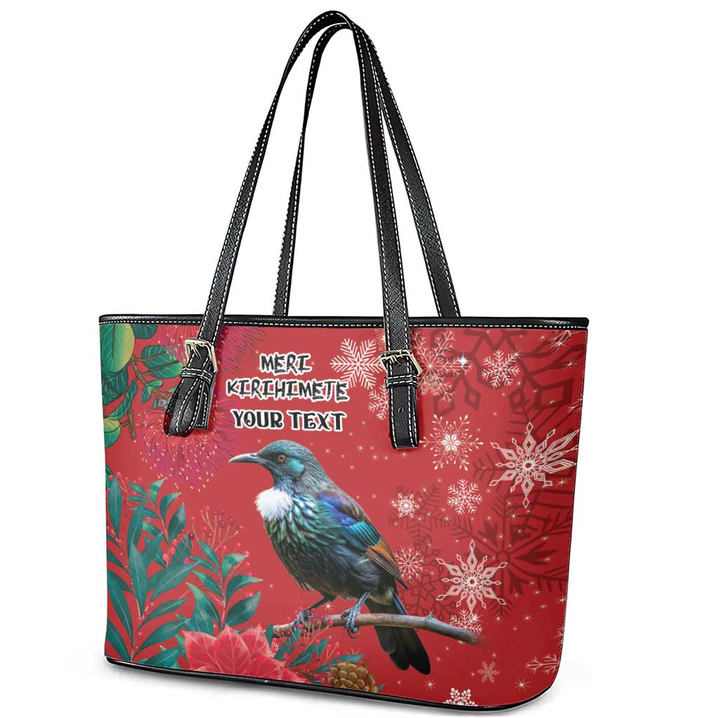 Tui Meri Kirihimete Personalised Leather Tote Bag Pohutukawa Flowers Red Motif - Polynesian Pride