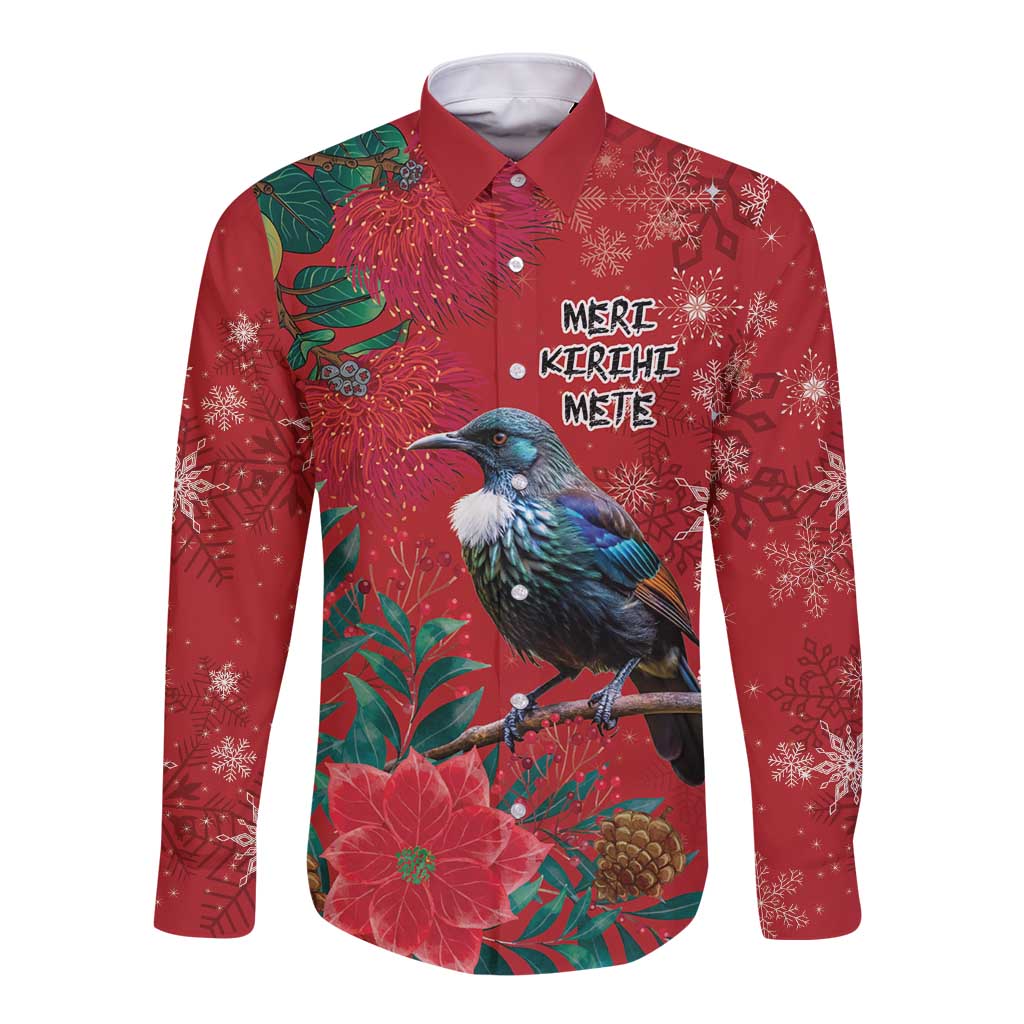 Tui Meri Kirihimete Personalised Long Sleeve Button Shirt Pohutukawa Flowers Red Motif - Polynesian Pride