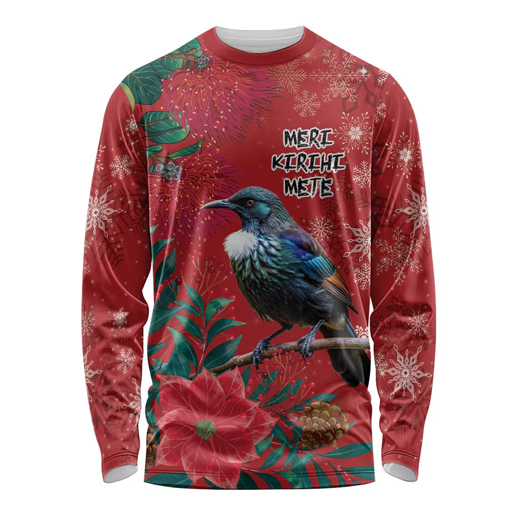 Tui Meri Kirihimete Personalised Long Sleeve Shirt Pohutukawa Flowers Red Motif - Polynesian Pride