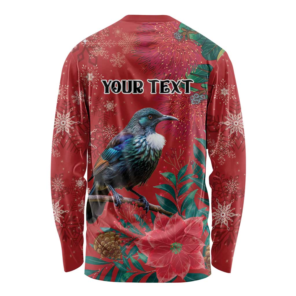 Tui Meri Kirihimete Personalised Long Sleeve Shirt Pohutukawa Flowers Red Motif - Polynesian Pride