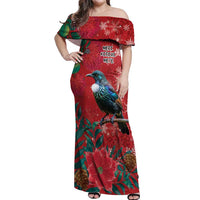 Tui Meri Kirihimete Personalised Off Shoulder Maxi Dress Pohutukawa Flowers Red Motif - Polynesian Pride