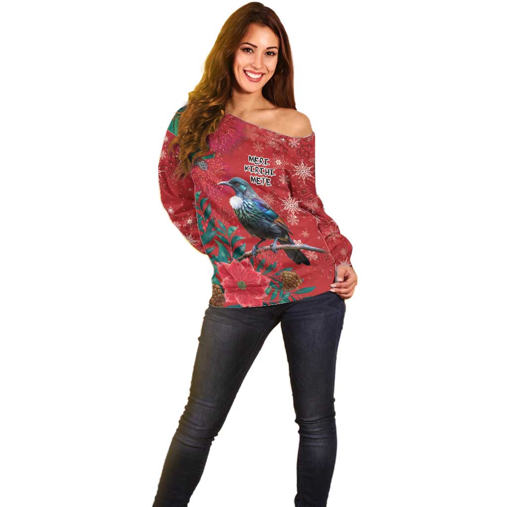 Tui Meri Kirihimete Personalised Off Shoulder Sweater Pohutukawa Flowers Red Motif - Polynesian Pride