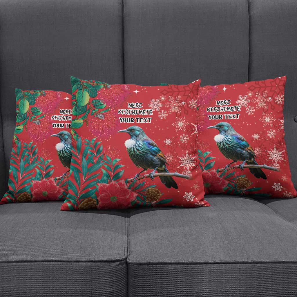 Tui Meri Kirihimete Personalised Pillow Cover Pohutukawa Flowers Red Motif - Polynesian Pride