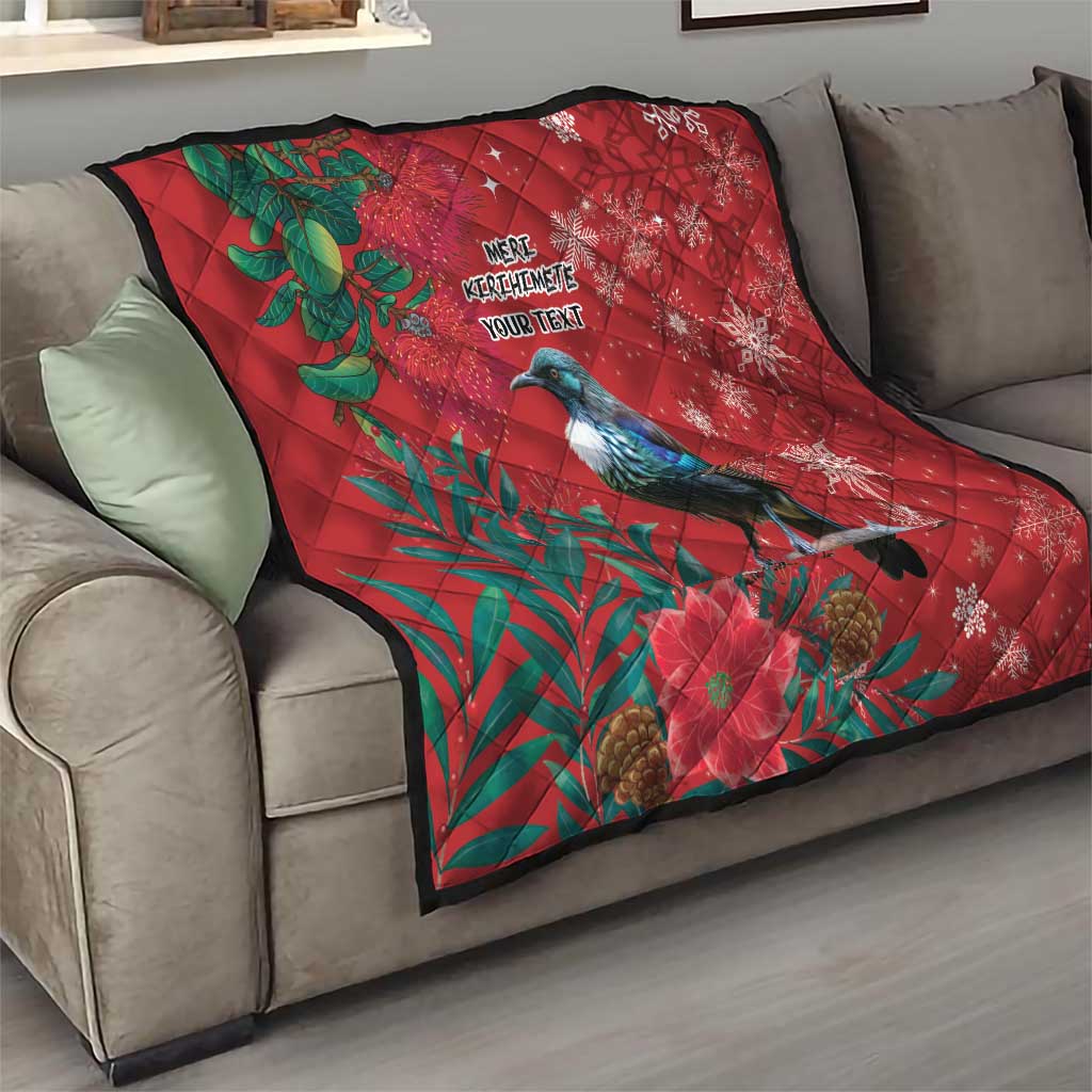 Tui Meri Kirihimete Personalised Quilt Pohutukawa Flowers Red Motif - Polynesian Pride