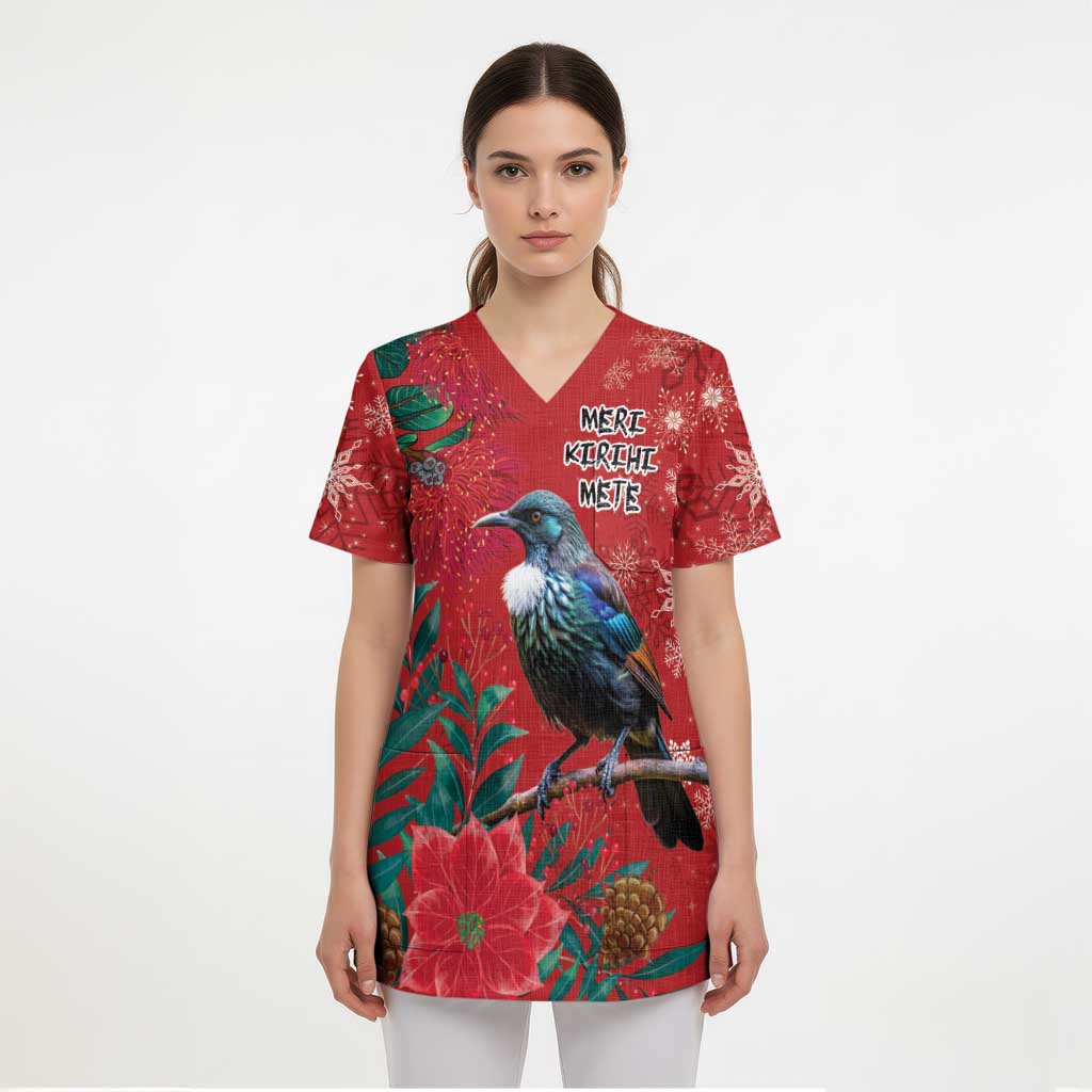 Tui Meri Kirihimete Personalised Scrub Top Pohutukawa Flowers Red Motif - Polynesian Pride