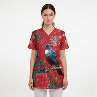Tui Meri Kirihimete Personalised Scrub Top Pohutukawa Flowers Red Motif - Polynesian Pride