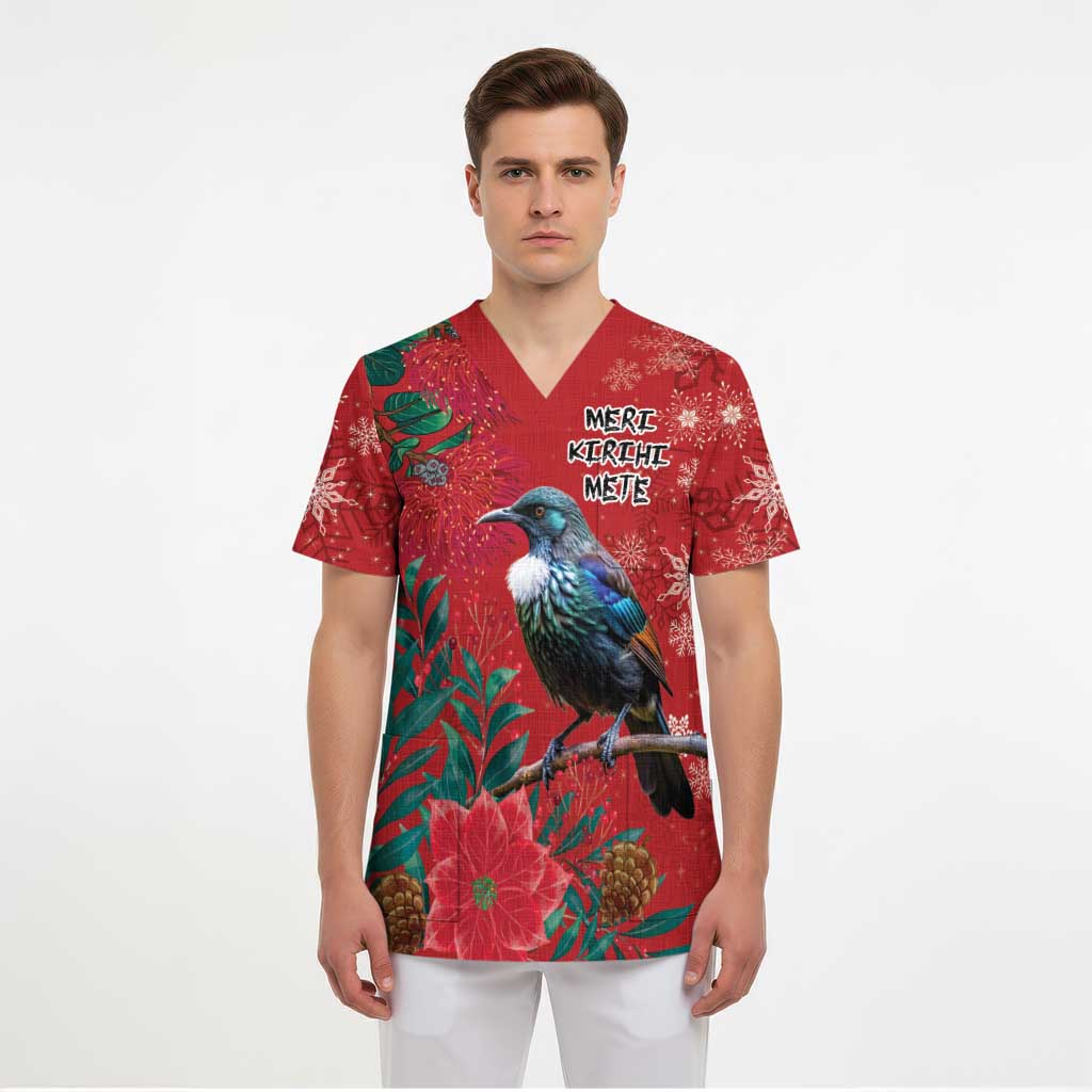Tui Meri Kirihimete Personalised Scrub Top Pohutukawa Flowers Red Motif - Polynesian Pride