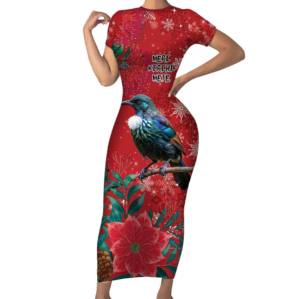 Tui Meri Kirihimete Personalised Short Sleeve Bodycon Dress Pohutukawa Flowers Red Motif - Polynesian Pride