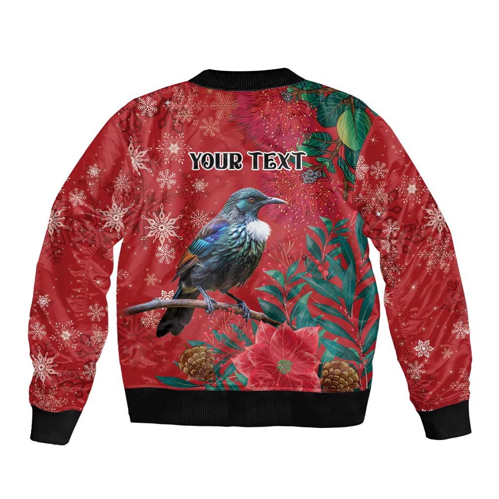 Tui Meri Kirihimete Personalised Sleeve Zip Bomber Jacket Pohutukawa Flowers Red Motif - Polynesian Pride