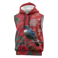 Tui Meri Kirihimete Personalised Sleeveless Hoodie Pohutukawa Flowers Red Motif - Polynesian Pride