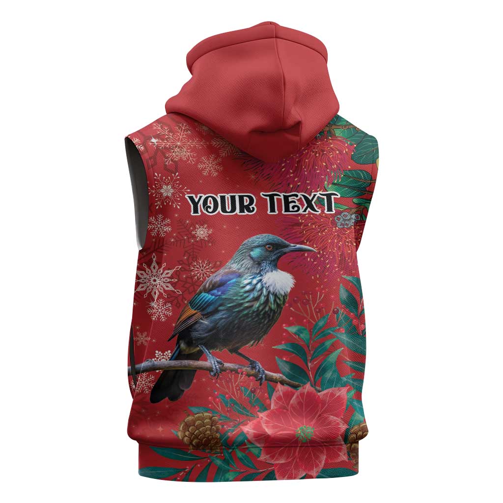 Tui Meri Kirihimete Personalised Sleeveless Hoodie Pohutukawa Flowers Red Motif - Polynesian Pride