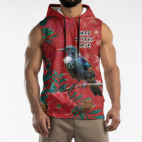 Tui Meri Kirihimete Personalised Sleeveless Hoodie Pohutukawa Flowers Red Motif - Polynesian Pride