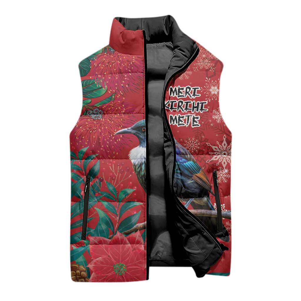 Tui Meri Kirihimete Personalised Sleeveless Puffer Jacket Pohutukawa Flowers Red Motif - Polynesian Pride