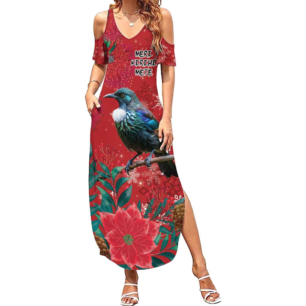 Tui Meri Kirihimete Personalised Summer Maxi Dress Pohutukawa Flowers Red Motif - Polynesian Pride