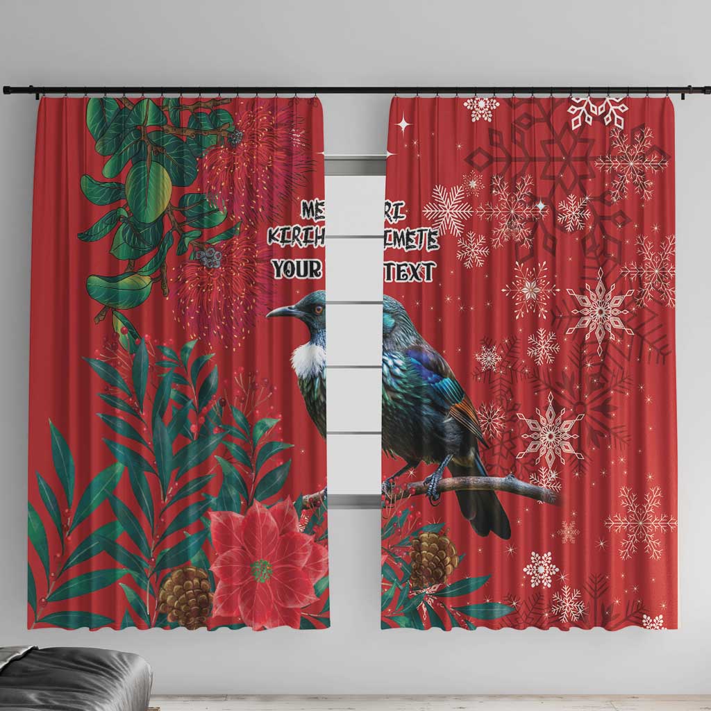 Tui Meri Kirihimete Personalised Window Curtain Pohutukawa Flowers Red Motif LT9 With Hooks Red - Polynesian Pride