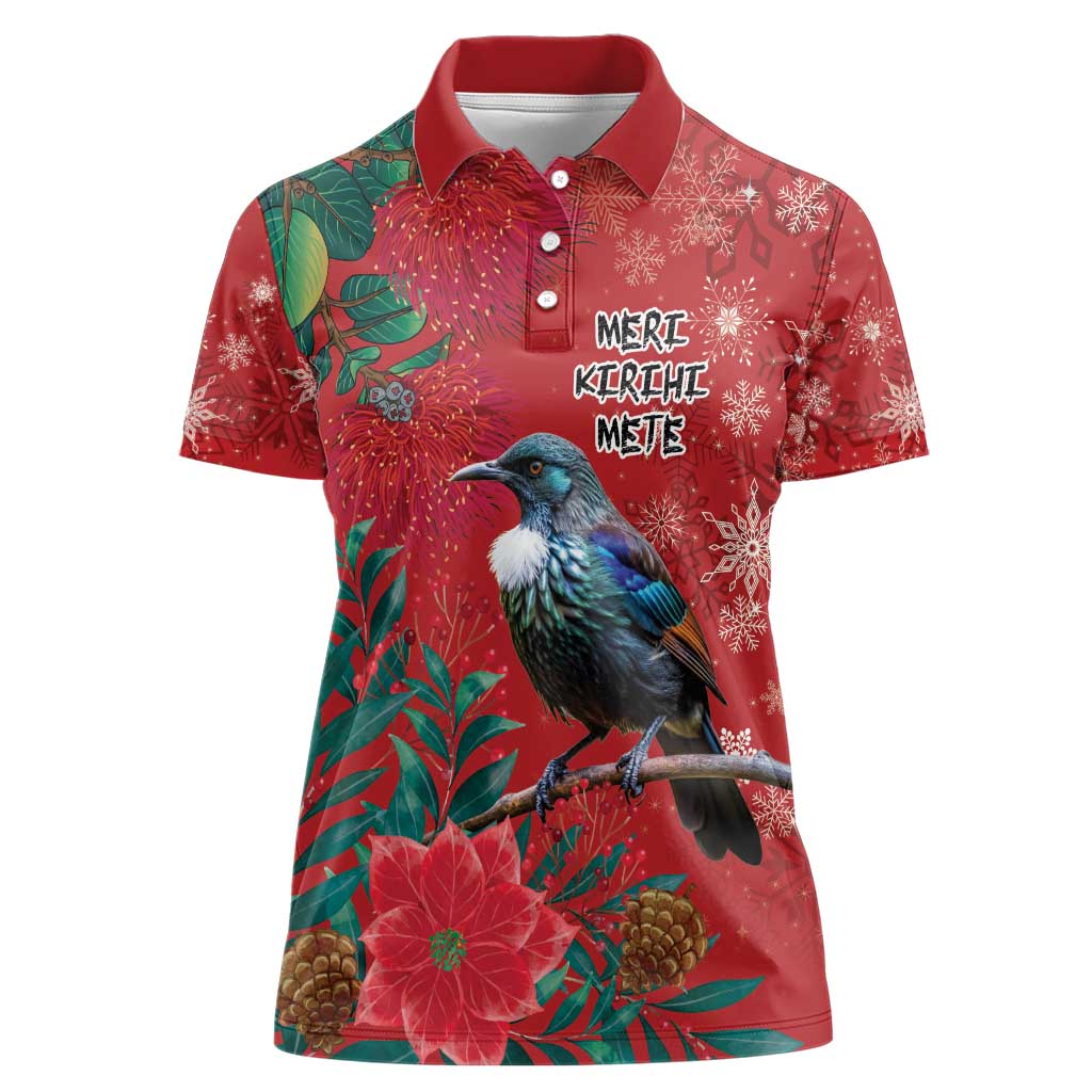 Tui Meri Kirihimete Personalised Women Polo Shirt Pohutukawa Flowers Red Motif - Polynesian Pride