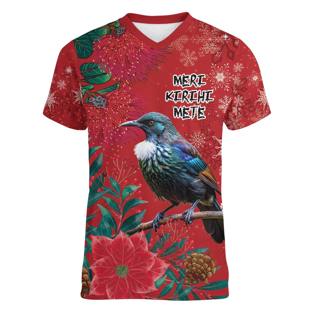Tui Meri Kirihimete Personalised Women V-Neck T-Shirt Pohutukawa Flowers Red Motif - Polynesian Pride