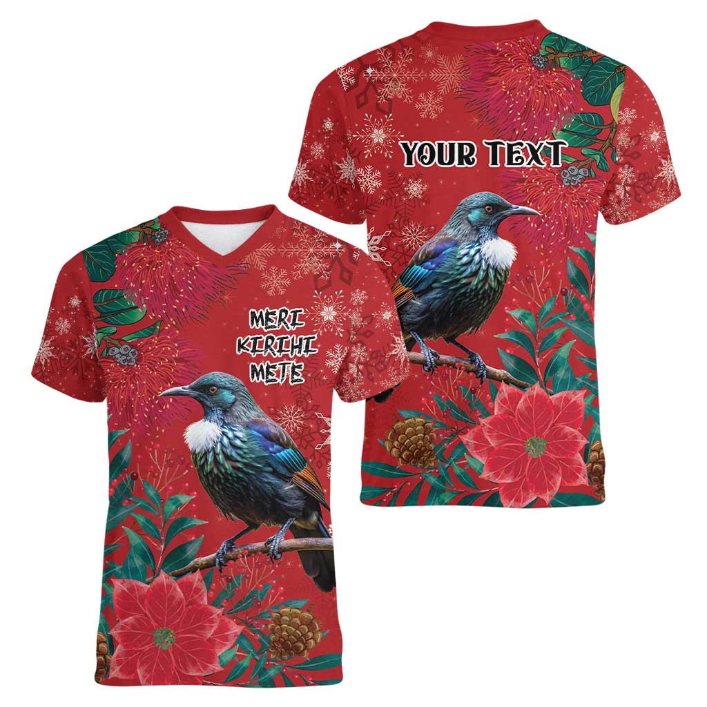 Tui Meri Kirihimete Personalised Women V-Neck T-Shirt Pohutukawa Flowers Red Motif - Polynesian Pride